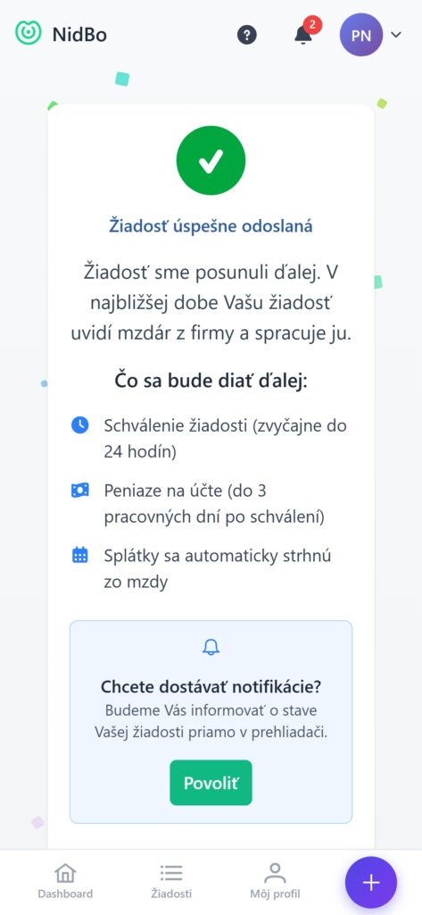 NidBo — potvrdenie odoslanej žiadosti v aplikácii