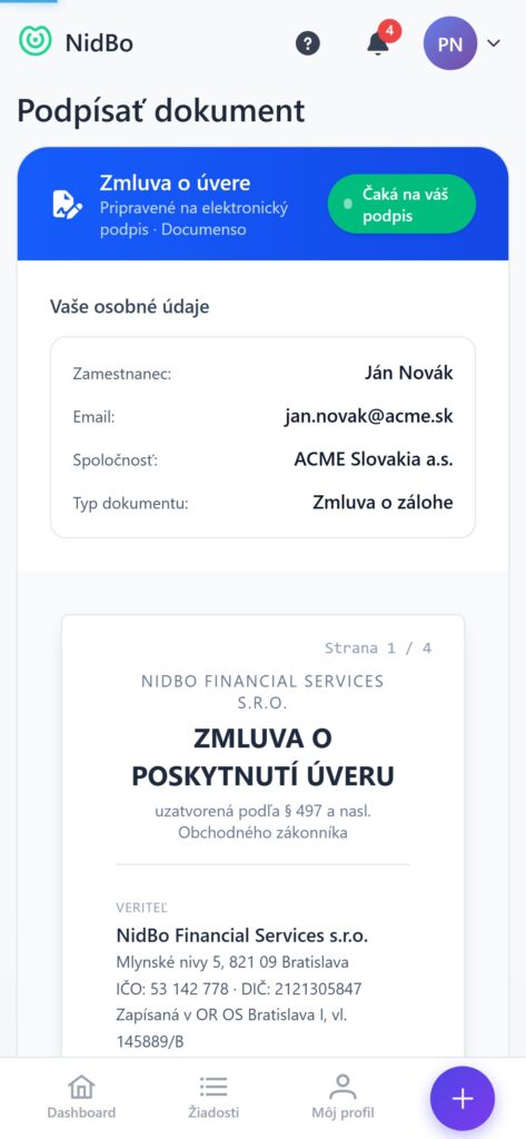 NidBo — podpis zmluvy v aplikácii
