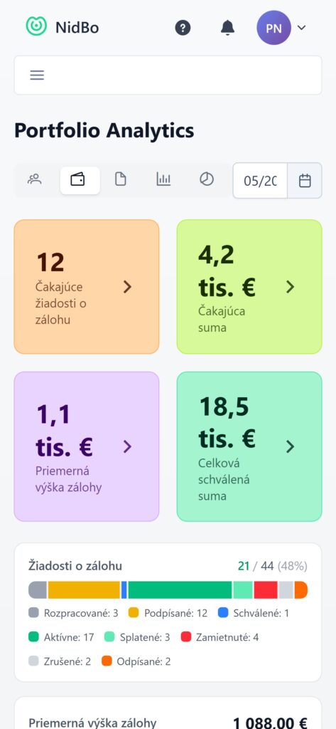 NidBo — prehľad žiadostí o zálohu v aplikácii